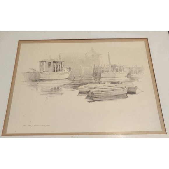Vintage Ferdinand Ralph F R Petrie Fishing Boat Harbor Dock Print Signed 12x16.5 - Picture 2 of 8